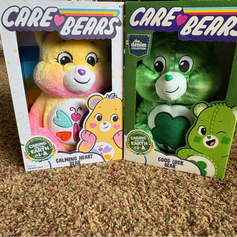 NIB 2023 Care Bears Denim Collection Good Luck Bear & Calming Heart Bear 14”